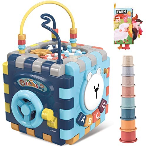 Baby Activity Cube with Lights, Sounds, and Interactive Shapes, Steering Wheel, 3D Puzzles, Letters, and Colors, Hands-On Early Learning and Educational Toys for Boys and Girls 1, 2 Years Old Gifts from RANI PRIZE