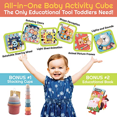 Baby Activity Cube with Lights, Sounds, and Interactive Shapes, Steering Wheel, 3D Puzzles, Letters, and Colors, Hands-On Early Learning and Educational Toys for Boys and Girls 1, 2 Years Old Gifts from RANI PRIZE