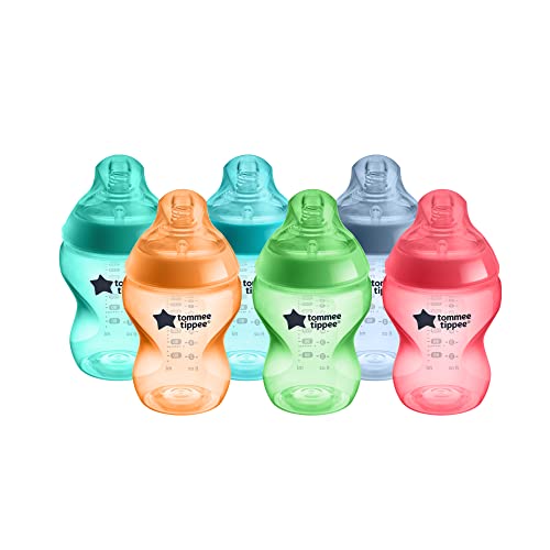 Tommee Tippee Closer to Nature Fiesta Baby Feeding Bottles, Anti-Colic, Slow Flow, BPA-Free - 9 Ounces, Multi-colored, 6 Pack (522597) by Tommee Tippee