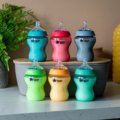 Tommee Tippee Closer to Nature Fiesta Baby Feeding Bottles, Anti-Colic, Slow Flow, BPA-Free - 9 Ounces, Multi-colored, 6 Pack (522597) by Tommee Tippee