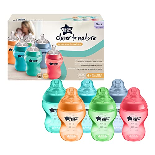 Tommee Tippee Closer to Nature Fiesta Baby Feeding Bottles, Anti-Colic, Slow Flow, BPA-Free - 9 Ounces, Multi-colored, 6 Pack (522597) by Tommee Tippee