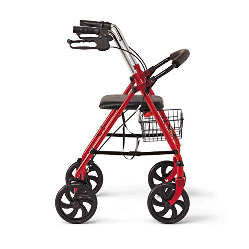 Medline Steel Rollator Walker with 8 Inch Wheels, Folding Rolling Walker, Adjustable Arms, Supports 300 lbs, Red by Medline Industries Healthcare