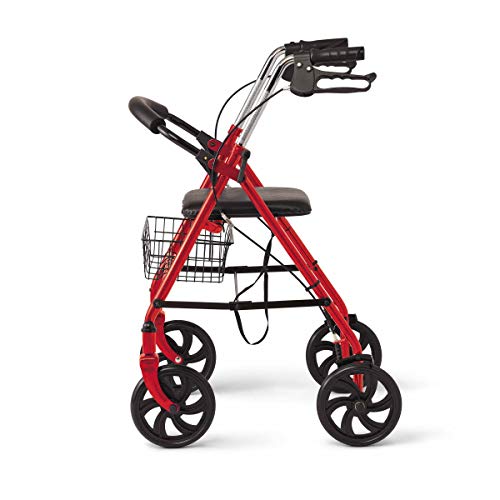 Medline Steel Rollator Walker with 8 Inch Wheels, Folding Rolling Walker, Adjustable Arms, Supports 300 lbs, Red by Medline Industries Healthcare
