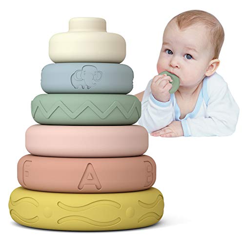 Mini Tudou 6 PCS Baby Stacking & Nesting Toys, Soft Stacking Blocks Ring Stacker, Baby Montessori Sensory Toys with Letter, Animal and Shape, Early Learning Toys for Babies Toddlers Kids 6 Months by Mini Tudou