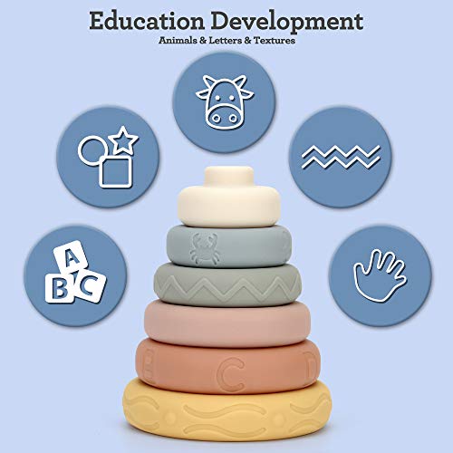 Mini Tudou 6 PCS Baby Stacking & Nesting Toys, Soft Stacking Blocks Ring Stacker, Baby Montessori Sensory Toys with Letter, Animal and Shape, Early Learning Toys for Babies Toddlers Kids 6 Months by Mini Tudou