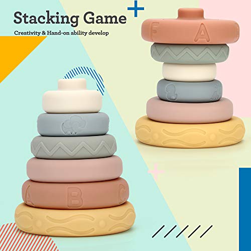 Mini Tudou 6 PCS Baby Stacking & Nesting Toys, Soft Stacking Blocks Ring Stacker, Baby Montessori Sensory Toys with Letter, Animal and Shape, Early Learning Toys for Babies Toddlers Kids 6 Months by Mini Tudou