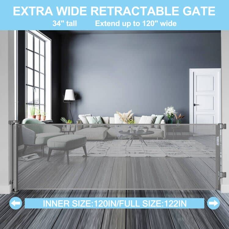 120 Inch Extra Wide Baby Gate Extra Long Dog Gate for The House Retractable Baby Gates for Doorways Super Large Pet Gate for Dogs Indoor Mesh Child Gates for Wide Openings Safety Toddler Gates (Grey) by 