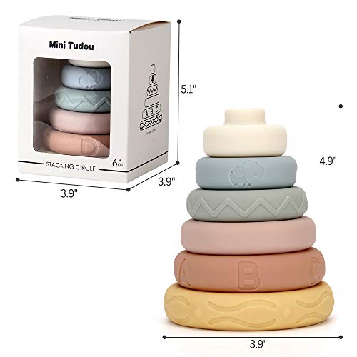 Mini Tudou 6 PCS Baby Stacking & Nesting Toys, Soft Stacking Blocks Ring Stacker, Baby Montessori Sensory Toys with Letter, Animal and Shape, Early Learning Toys for Babies Toddlers Kids 6 Months by Mini Tudou