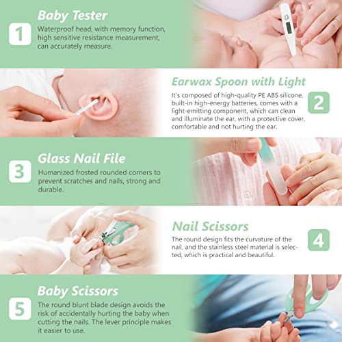 Baby Grooming Kit, Portable Baby Safety Care Set with Hair Brush Comb Nail Clipper Nasal Aspirator etc for Nursery Newborn Infant Girl Boys Keep Clean (11 in 1 Green) from Kjtao