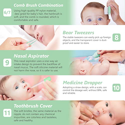 Baby Grooming Kit, Portable Baby Safety Care Set with Hair Brush Comb Nail Clipper Nasal Aspirator etc for Nursery Newborn Infant Girl Boys Keep Clean (11 in 1 Green) from Kjtao