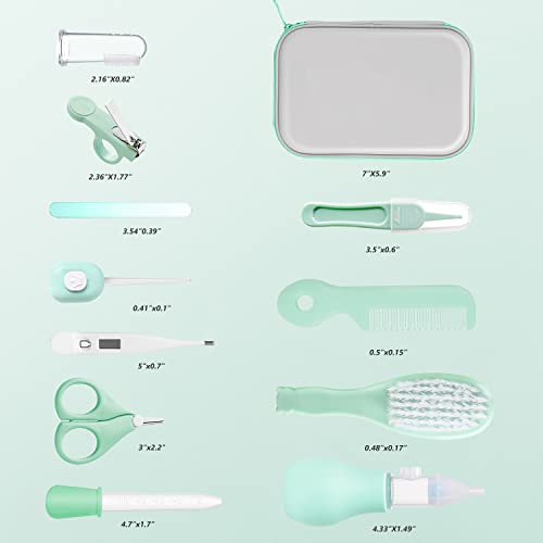 Baby Grooming Kit, Portable Baby Safety Care Set with Hair Brush Comb Nail Clipper Nasal Aspirator etc for Nursery Newborn Infant Girl Boys Keep Clean (11 in 1 Green) from Kjtao