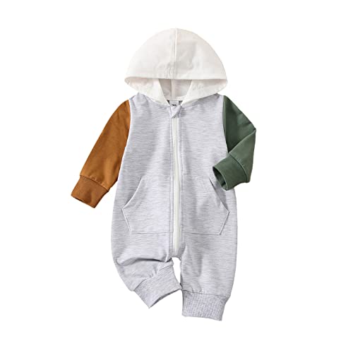 Newborn Baby Boy Clothes Color Block Long Sleeve Zipper Hooded Romper with Pocket Fall One Piece Outfits( 0-3 Months, Zipper Grey) by BemeyourBBs