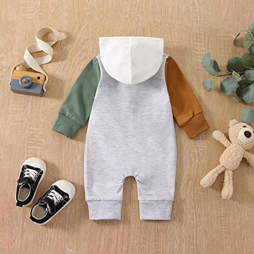 Newborn Baby Boy Clothes Color Block Long Sleeve Zipper Hooded Romper with Pocket Fall One Piece Outfits( 0-3 Months, Zipper Grey) by BemeyourBBs