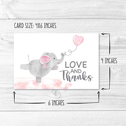 24 Pink Elephant Baby Shower Thank You Cards With Envelopes, Kids Thank You Note, Animal 4x6 Varied Gratitude Card Pack For Party, Girl Children Birthday, Cute Event Appreciation Stationery by Hadley Designs