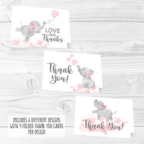 24 Pink Elephant Baby Shower Thank You Cards With Envelopes, Kids Thank You Note, Animal 4x6 Varied Gratitude Card Pack For Party, Girl Children Birthday, Cute Event Appreciation Stationery by Hadley Designs
