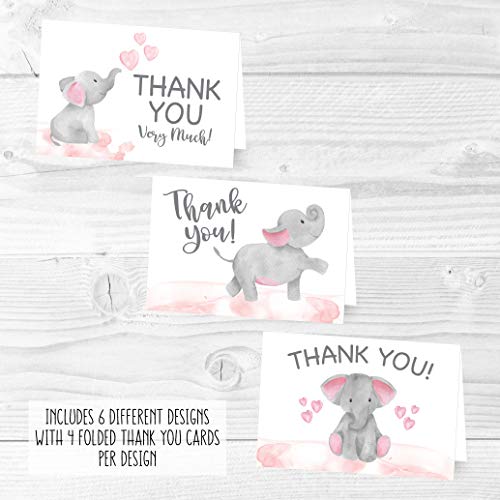 24 Pink Elephant Baby Shower Thank You Cards With Envelopes, Kids Thank You Note, Animal 4x6 Varied Gratitude Card Pack For Party, Girl Children Birthday, Cute Event Appreciation Stationery by Hadley Designs
