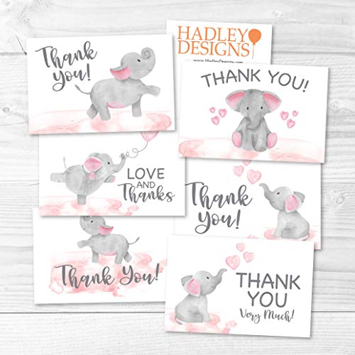 24 Pink Elephant Baby Shower Thank You Cards With Envelopes, Kids Thank You Note, Animal 4x6 Varied Gratitude Card Pack For Party, Girl Children Birthday, Cute Event Appreciation Stationery by Hadley Designs