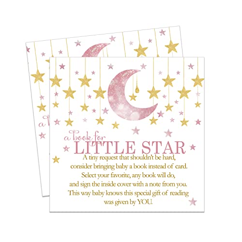 Twinkle Little Star Bring a Book for Baby (25 Pack) Girls Baby Shower Invitation Insert Card â Pink and Gold - Raffle Game Idea â Celestial Moon Event Supplies - Paper Clever Party - 3 x 3 Size by Paper Clever Party