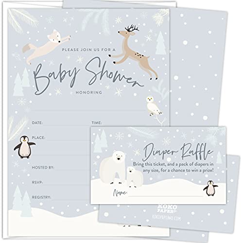 Koko Paper Co Snowy Winter Wonderland Baby Shower Invitations and Diaper Raffle Tickets | 25 Fill-in Invitations, 25 Bright White Envelopes and 25 Diaper Raffle Tickets | 75 pcs Total | Printed on Heavy Card Stock. from 