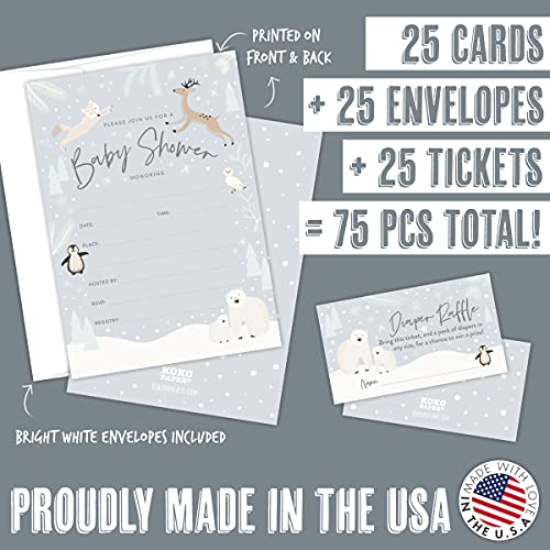 Koko Paper Co Snowy Winter Wonderland Baby Shower Invitations and Diaper Raffle Tickets | 25 Fill-in Invitations, 25 Bright White Envelopes and 25 Diaper Raffle Tickets | 75 pcs Total | Printed on Heavy Card Stock. from 