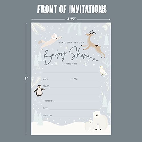 Koko Paper Co Snowy Winter Wonderland Baby Shower Invitations and Diaper Raffle Tickets | 25 Fill-in Invitations, 25 Bright White Envelopes and 25 Diaper Raffle Tickets | 75 pcs Total | Printed on Heavy Card Stock. from 