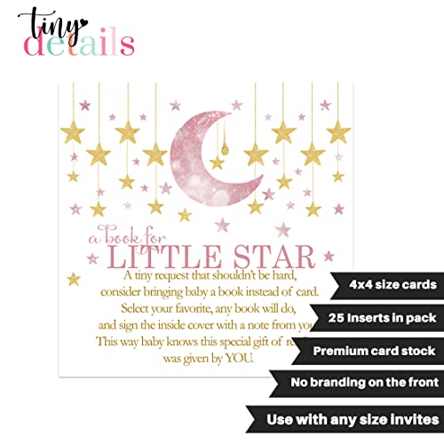 Twinkle Little Star Bring a Book for Baby (25 Pack) Girls Baby Shower Invitation Insert Card â Pink and Gold - Raffle Game Idea â Celestial Moon Event Supplies - Paper Clever Party - 3 x 3 Size by Paper Clever Party