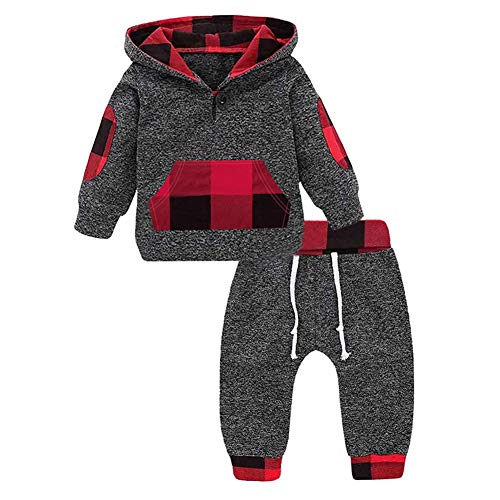 Toddler Infant Baby Boys Clothes Christmas Plaid Long Sleeve Hoodie Sweatshirt Pants Kids Fall Winter 2Pcs Outfits Set(Gray-2, 18-24 Months(100)) from 