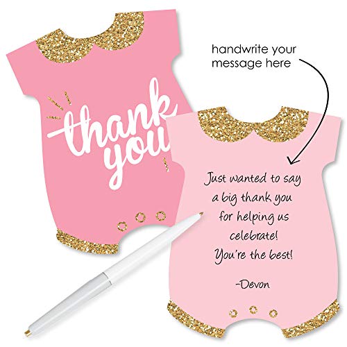 Hello Little One - Pink and Gold - Shaped Thank You Cards - Girl Baby Shower Thank You Note Cards with Envelopes - Set of 12 from Big Dot of Happiness, LLC