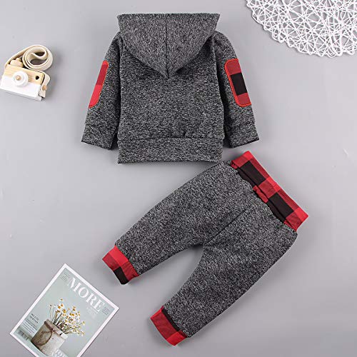 Toddler Infant Baby Boys Clothes Christmas Plaid Long Sleeve Hoodie Sweatshirt Pants Kids Fall Winter 2Pcs Outfits Set(Gray-2, 18-24 Months(100)) from 