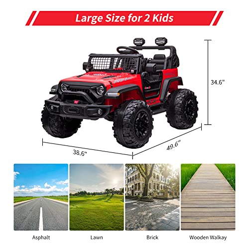 2 Seats Battery Powered Electric Truck with Remote Control, 24V Kids Ride on Toy with 20â Extra Width Seat for 3-8 Years Kids, LED Headlights, Front Storage, Bottle Holder, FM, Bluetooth, USB,Red from Chuzhou Bettyma Baby Carrier CO.,Ltd
