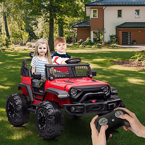 2 Seats Battery Powered Electric Truck with Remote Control, 24V Kids Ride on Toy with 20â Extra Width Seat for 3-8 Years Kids, LED Headlights, Front Storage, Bottle Holder, FM, Bluetooth, USB,Red from Chuzhou Bettyma Baby Carrier CO.,Ltd