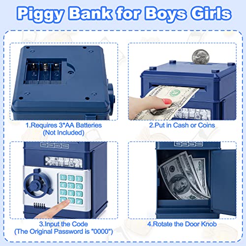 Piggy Bank for Boys,Refasy Electronic Piggy Banks Password Money Saving Box Gifts for 11 Year Old Boy Money Bank Toy Birthday Gifts for Boys Girls Kids Safe Cash Coin Can(Navy) from Refasy