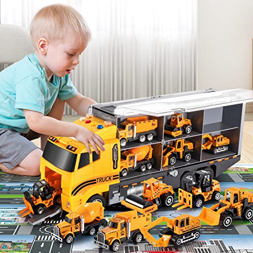 Toddler Toys for 3-9 Years Old Boys Construction Toys Car Double Side Transport Vehicle W/Play Mat, Die-cast Alloy Engineering Vehicle Gifts for Age 3 4 5 6 Kids Child Boys Girls Birthday Party Favor by TEMI