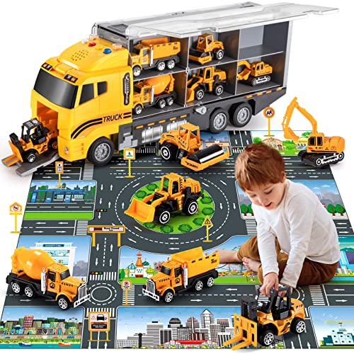 Toddler Toys for 3-9 Years Old Boys Construction Toys Car Double Side Transport Vehicle W/Play Mat, Die-cast Alloy Engineering Vehicle Gifts for Age 3 4 5 6 Kids Child Boys Girls Birthday Party Favor by TEMI