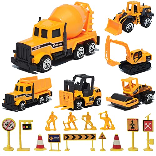 19 Pack Construction Toysï¼Mini Diecast Cars Play Sets Dumper,Bulldozers,Forklift,Tank Truck,Asphalt Car,Excavator,Engineering Worker,Construction Traffic Sign Set Toy for Kids Boys and Girls from Singer's Toy