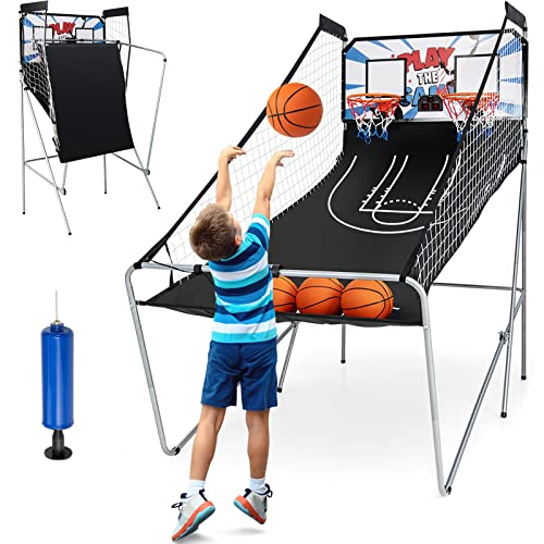 Goplus Foldable Dual Shot Basketball Arcade Game, Indoor Outdoor Basketball Game Machine with Electronic Scoring System, 8 Game Modes, 4 Balls, 2 Hoops, Inflation Pump, for Kids Youth Adults from Goplus