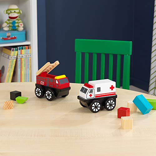 KidKraft Wooden 2-Piece Rescue Vehicle Play Set, Toy Ambulance and Fire Truck Cars, Gift for Ages 2+ from KIDKRAFT (DropShip)