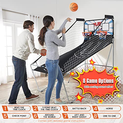 Goplus Foldable Dual Shot Basketball Arcade Game, Indoor Outdoor Basketball Game Machine with Electronic Scoring System, 8 Game Modes, 4 Balls, 2 Hoops, Inflation Pump, for Kids Youth Adults from Goplus