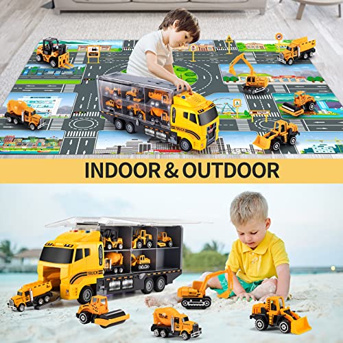 Toddler Toys for 3-9 Years Old Boys Construction Toys Car Double Side Transport Vehicle W/Play Mat, Die-cast Alloy Engineering Vehicle Gifts for Age 3 4 5 6 Kids Child Boys Girls Birthday Party Favor by TEMI