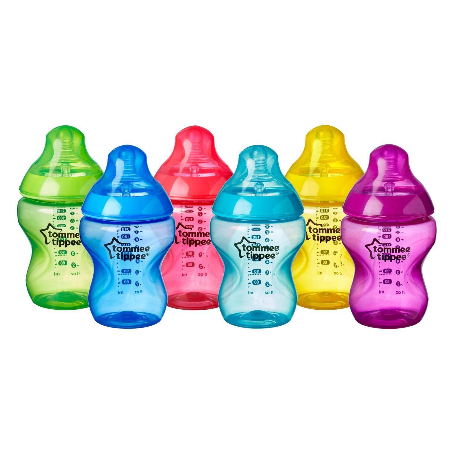 Tommee Tippee Closer to Nature Fiesta Baby Feeding Bottles, Anti-Colic, Slow Flow, BPA-Free - 9 Ounces, Multi-colored, 6 Pack (522597) by Tommee Tippee