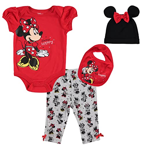 Disney Minnie Mouse Newborn Baby Girls 4 Piece Outfit Set: Bodysuit Pants Bib Hat Red 3-6 Months by 