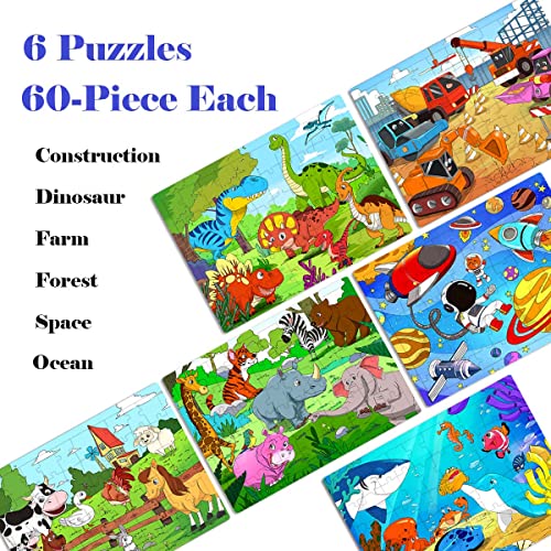 Puzzles for Kids Ages 4-8, 6 Pack Wooden Jigsaw Puzzles 60 Pieces Preschool Educational Learning Toys Set for Boys and Girls by Runlycan