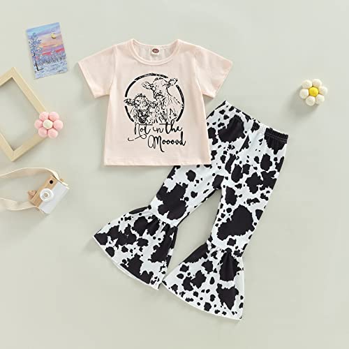 Toddler Kids Baby Girl Outfit Cow Print Short Sleeve T-Shirt Top+Cartoon Flared Pants Set Western Girls Clothes (C Beige, 3-4 Years) by fhutpw