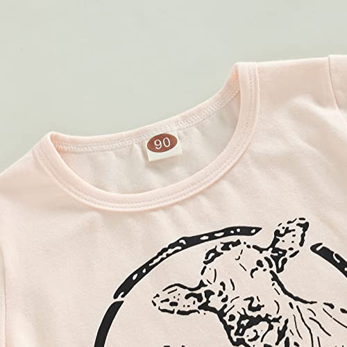 Toddler Kids Baby Girl Outfit Cow Print Short Sleeve T-Shirt Top+Cartoon Flared Pants Set Western Girls Clothes (C Beige, 3-4 Years) by fhutpw