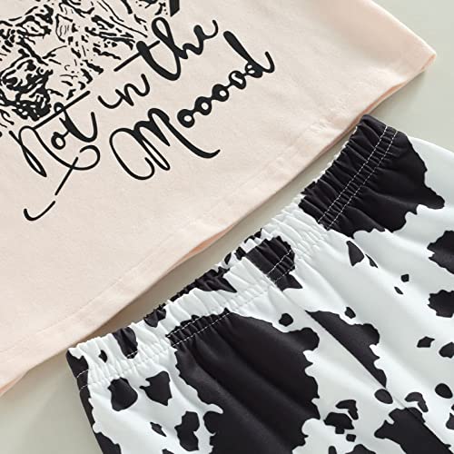 Toddler Kids Baby Girl Outfit Cow Print Short Sleeve T-Shirt Top+Cartoon Flared Pants Set Western Girls Clothes (C Beige, 3-4 Years) by fhutpw