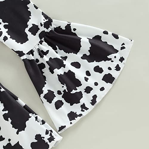 Toddler Kids Baby Girl Outfit Cow Print Short Sleeve T-Shirt Top+Cartoon Flared Pants Set Western Girls Clothes (C Beige, 3-4 Years) by fhutpw