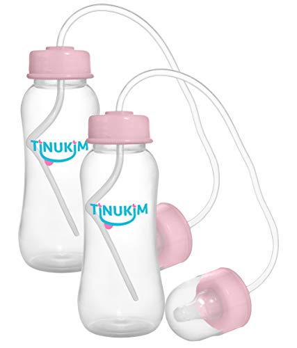 Tinukim iFeed 9 Ounce Self Feeding Baby Bottle with Tube - Handless Anti-Colic Nursing System, Pink - 2-Pack from Tinukim