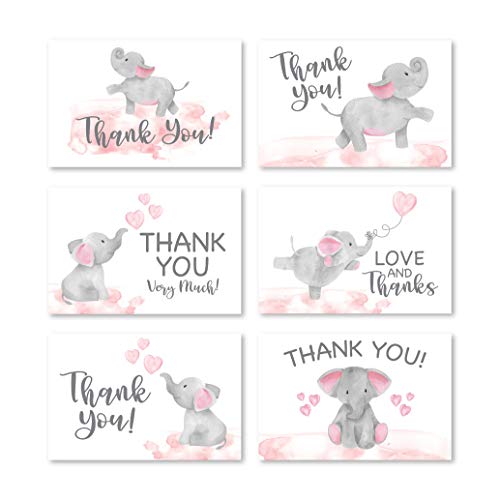 24 Pink Elephant Baby Shower Thank You Cards With Envelopes, Kids Thank You Note, Animal 4x6 Varied Gratitude Card Pack For Party, Girl Children Birthday, Cute Event Appreciation Stationery by Hadley Designs