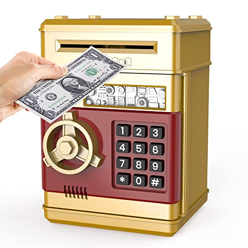 TUSEASY Piggy Bank, Birthday Toys Gifts for 4 5 6 7 8 9 10 Year Old Boys Girls, Electronic Real Money Coin ATM Machine, Plastic Large Saving Bank Safe Lock Box, Kids Kawaii Cute Stuff (Gold) from TUSEASY