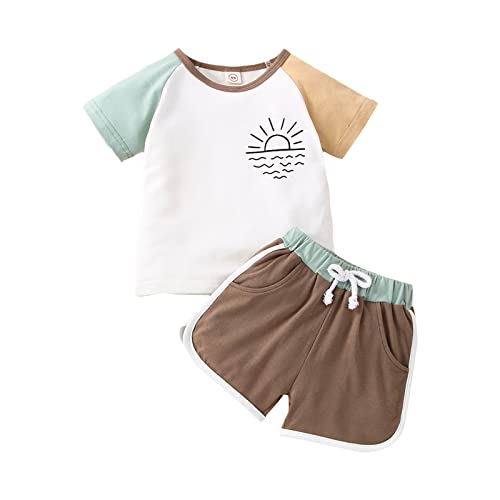 Toddler Baby Girls Boys Summer Clothes Outfit Sun Printed Set Short Sleeve Crewneck T-Shirt Patchwork Shorts Set (Green# Khaki, 9-12 Months) from Cevoerf